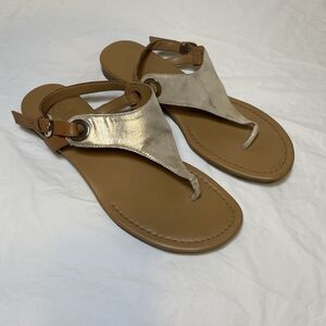 Franco Sarto/ Thong / Buckle Strap / Gray Metallic-Brown Leather/ Women Size 10